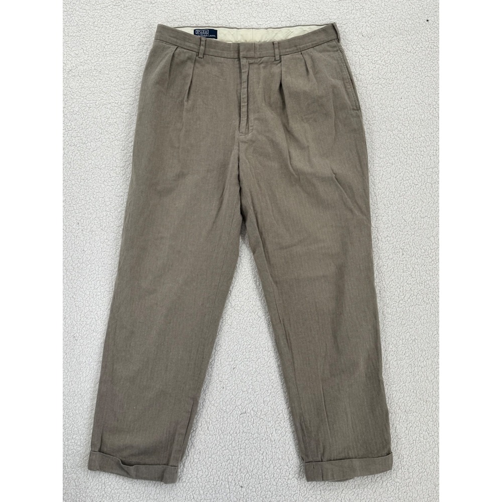 VTG Polo Ralph Lauren Pants Men 38x32 Brown Herringbone Pleated Cuffed Trousers